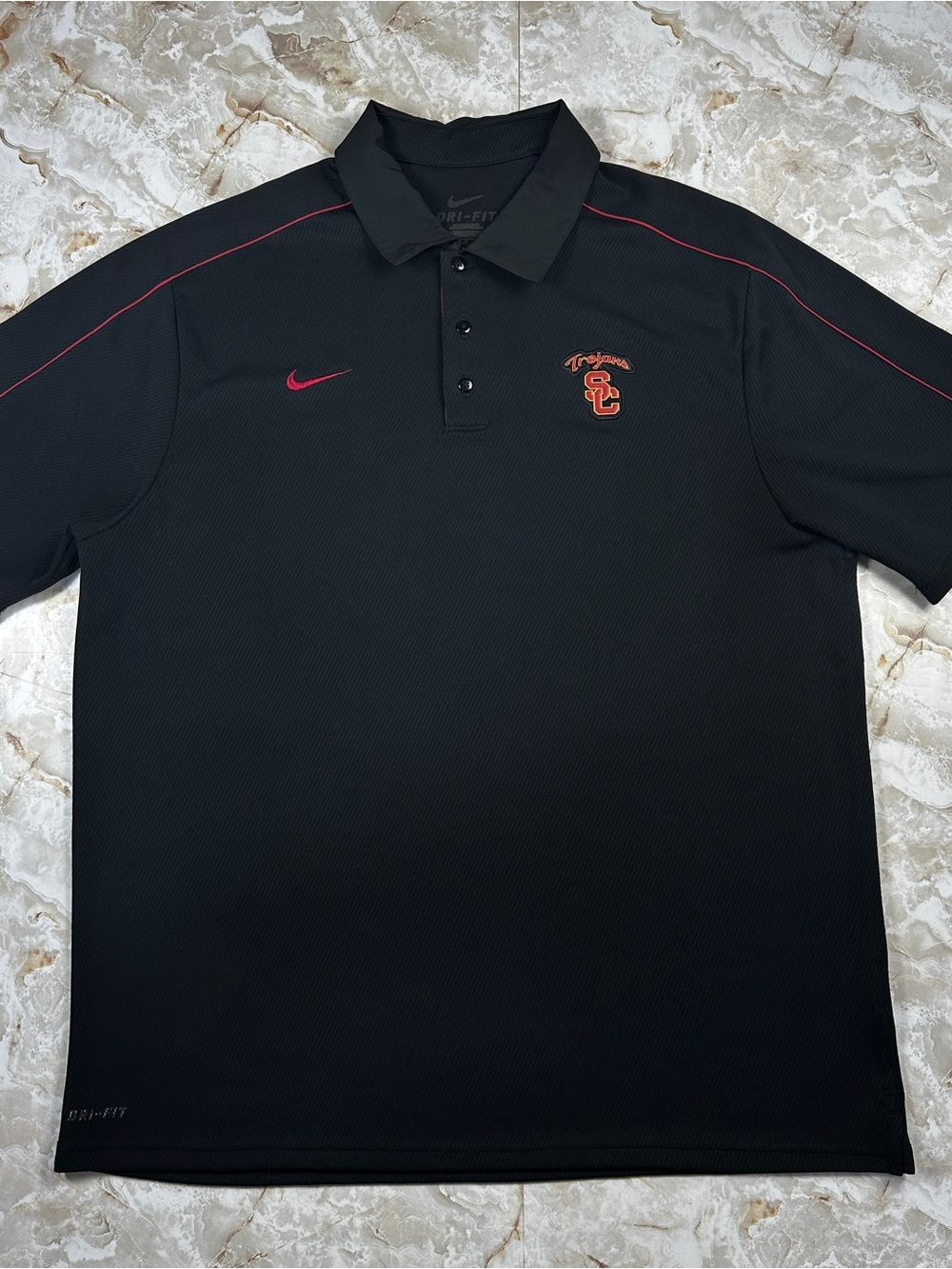 Nike SC Trojans Men’s Size Large Dri Fit Black Red Performance Polo Shirt
